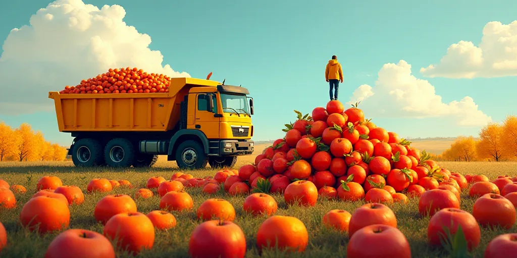 a man standing on top of a large pile of fruit next to a dump truck filled with apples and oranges,