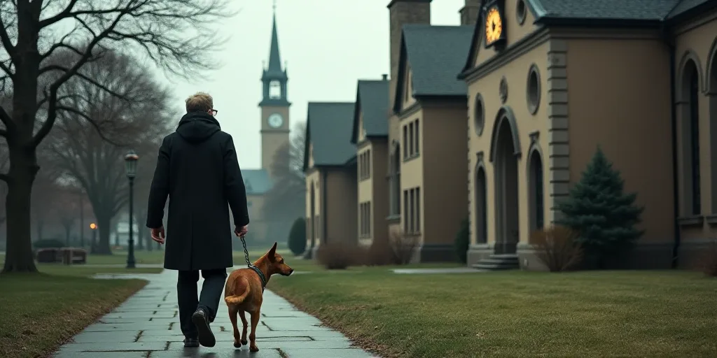 a man walking a dog down a sidewalk in front of a building with a clock tower on it's side, Brian 'C