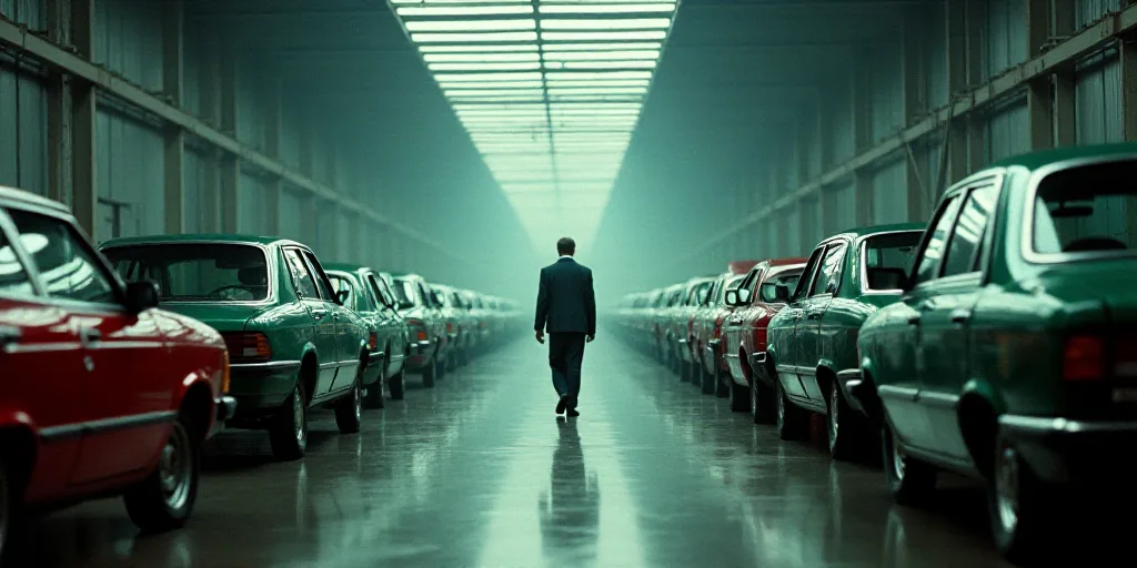 a man walking down a hallway between rows of cars in a factory with a ceiling full of cars and peopl