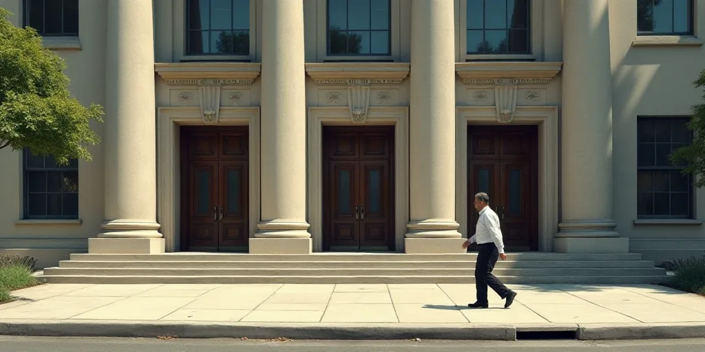 a man walking down a sidewalk past a building with a sign on it that says the department of the trea