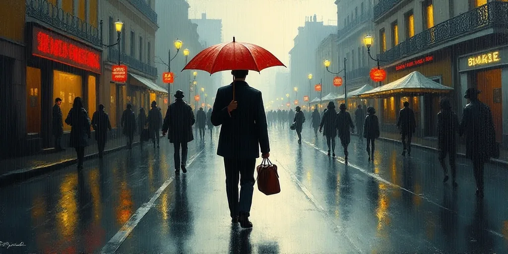 a man walking down a street holding an umbrella in the rain with a bag on his shoulder and a bag on