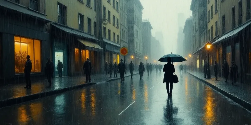 a man walking down a street in the rain with an umbrella over his head and a bag on his shoulder, De