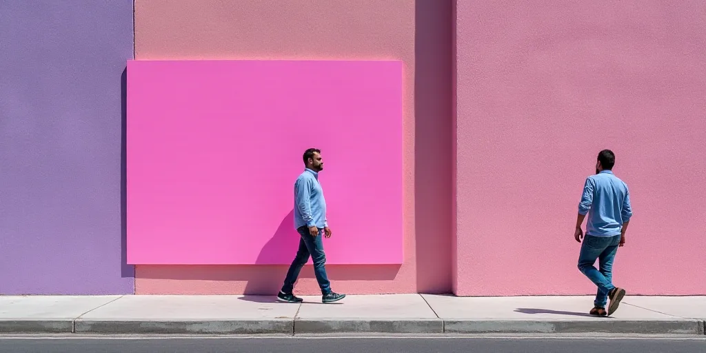 a man walking in front of a building with a pink sign on it's side and a man in a blue shirt and jea