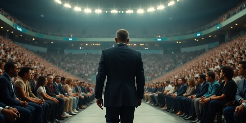 a man walking on a stage in front of a crowd of people in a stadium with a man in a suit, Alejandro
