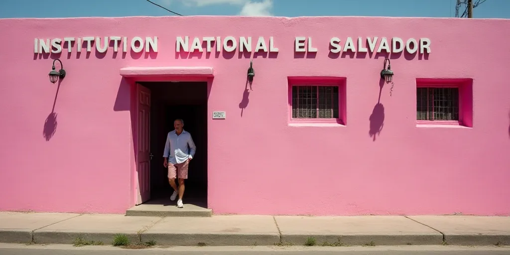 a man walking out of a pink building with a sign that says institution national el salvador on it's