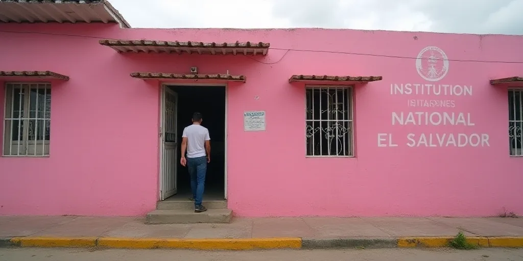 a man walking out of a pink building with a sign that says institution national el salvador on it's