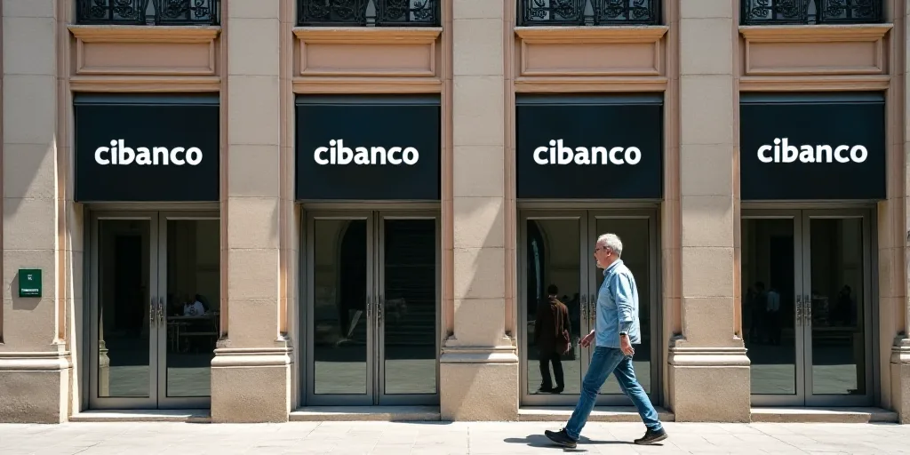 a man walking past a bank and a building with a sign on it that says cibanco and a man walking past