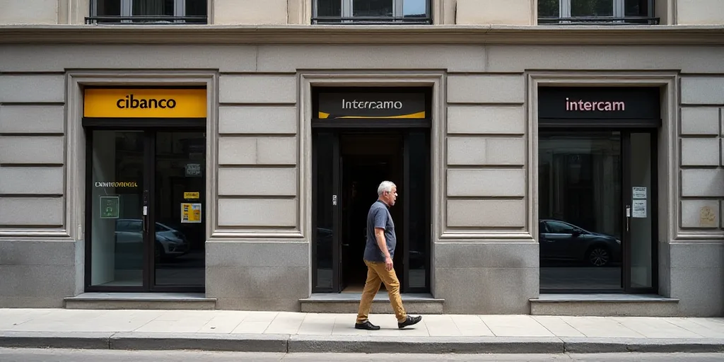 a man walking past a bank and a building with a sign on it that says cibanco intercam, Carlos Trillo