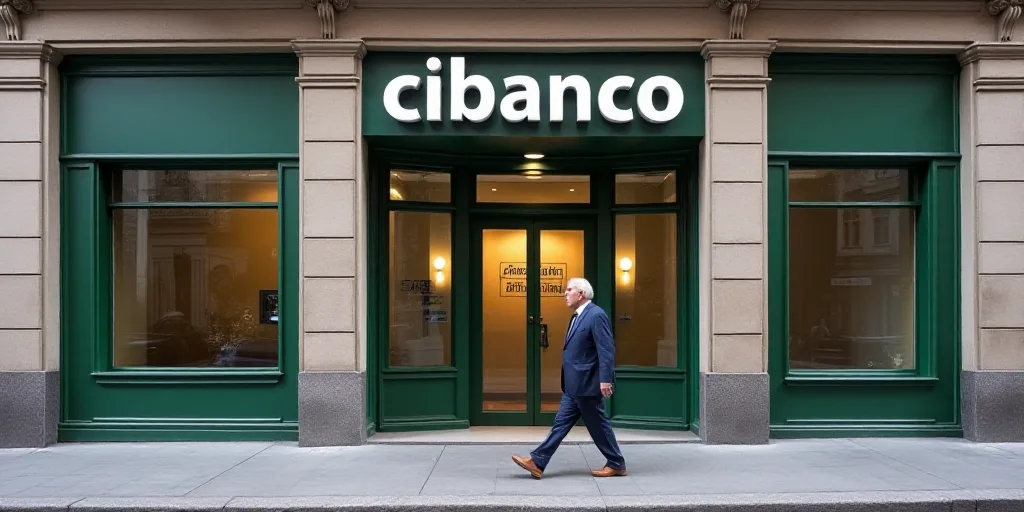 a man walking past a bank and a building with a sign on it that says cibanco and a man walking past