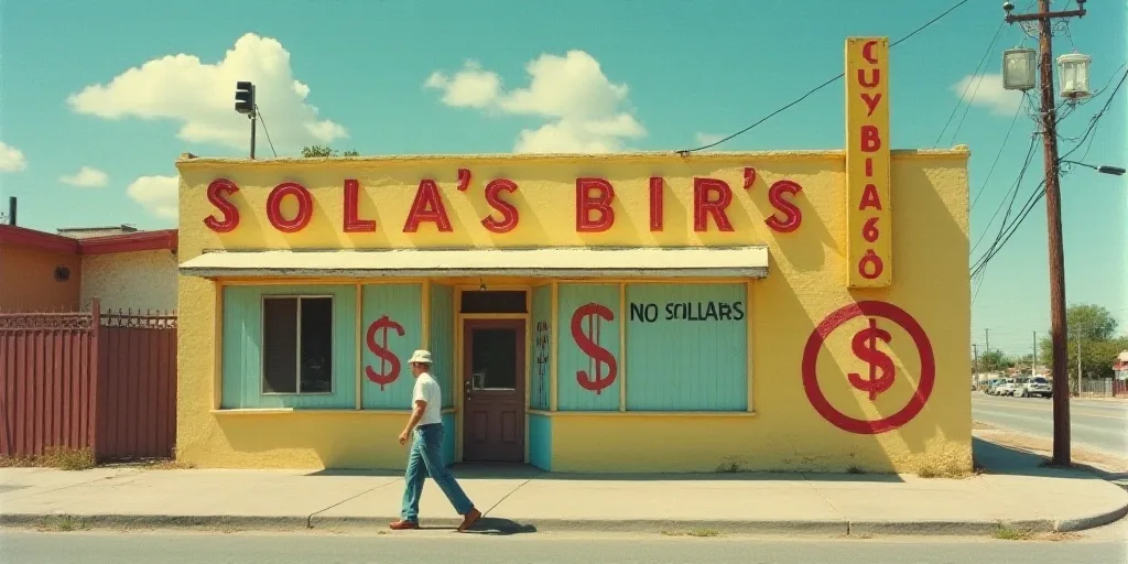 a man walking past a dollar bill sign and a sign for dollar bills on the side of a building, Estuard