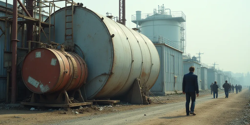 a man walking past a large metal structure with barrels on it's side and a large white structure in