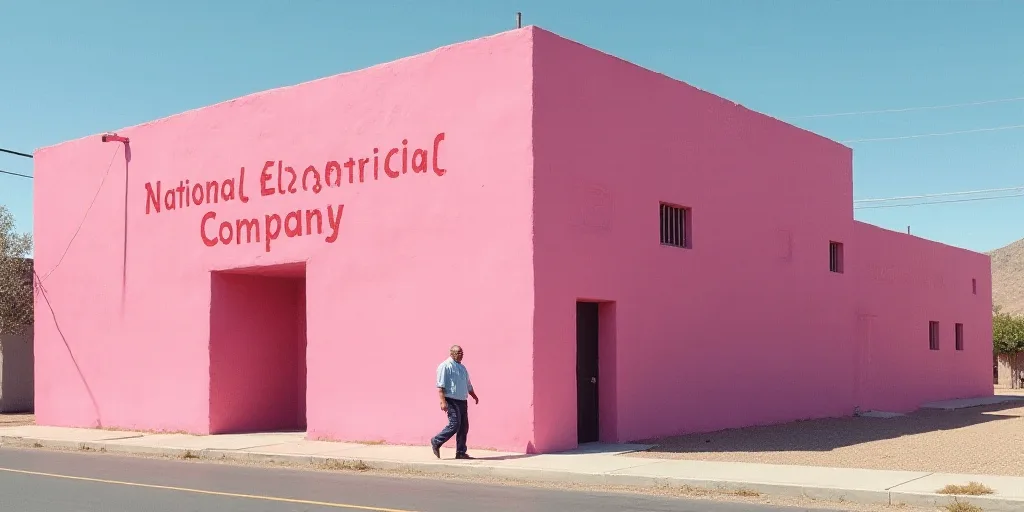 a man walking past a pink building with a sign that says national electrical company on it's side, D