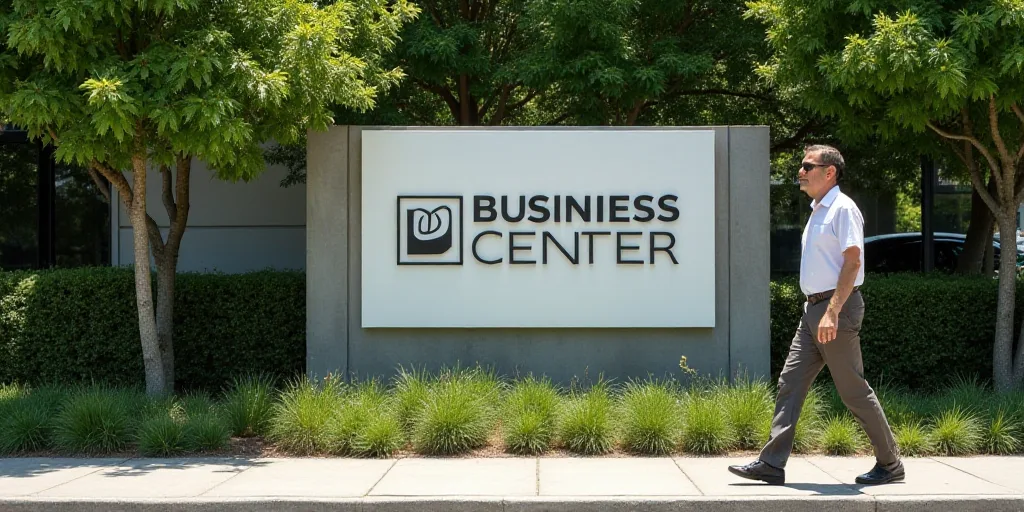 a man walking past a sign for a business center in a city area with trees in the background and a ma