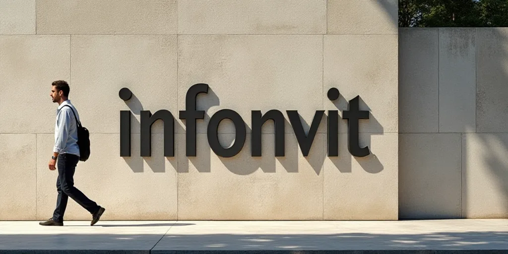 a man walking past a stone wall with the word infonvit on it's side and a person walking past it, É