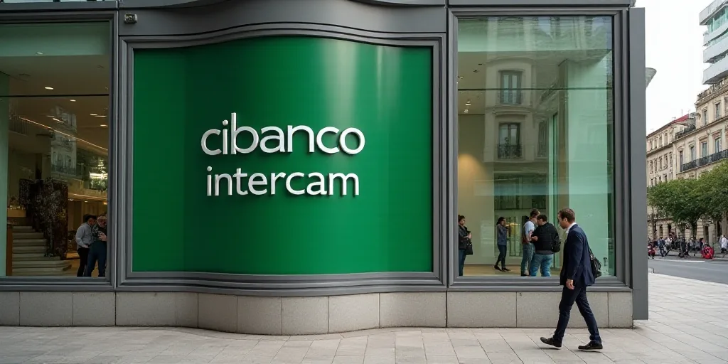 a man walking past a tall building next to a tall green sign that says cibanco intercam, Carlos Fran