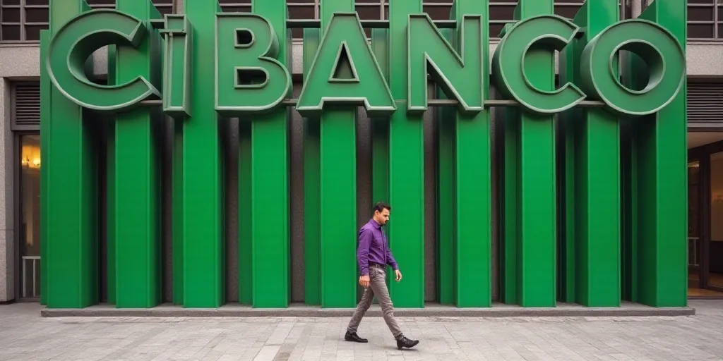 a man walking past a tall building next to a tall green sign that says cibanco intercam, Carlos Fran