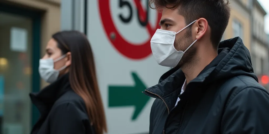 a man wearing a face mask walks past a dow sign with a red arrow on it and a woman in a black jacket