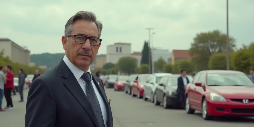 a man wearing glasses and a suit standing in a parking lot with other cars and people in the backgro