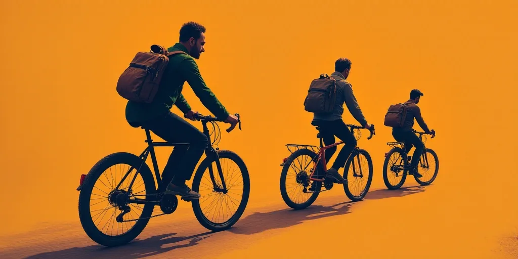 a man with a back pack on a bike with other bikes behind him and a man on a bike behind him, Bapu, o