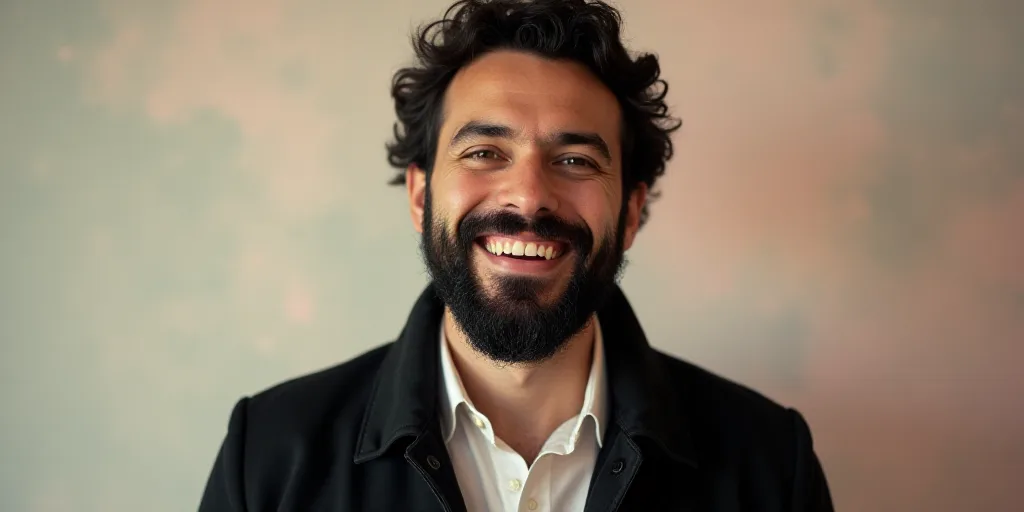 a man with a beard and a beard wearing a black jacket and white shirt is smiling at the camera, Enri