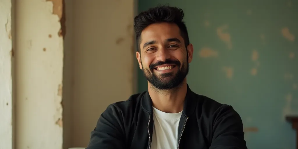 a man with a beard and a beard wearing a black jacket and white shirt is smiling at the camera, Enri