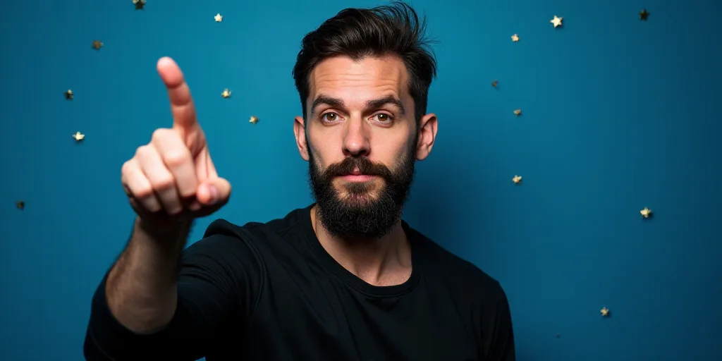 a man with a beard and a black shirt pointing at something with his finger and a blue background wit