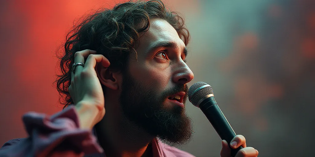 a man with a beard and a microphone in his hand is looking at something while holding his head to hi