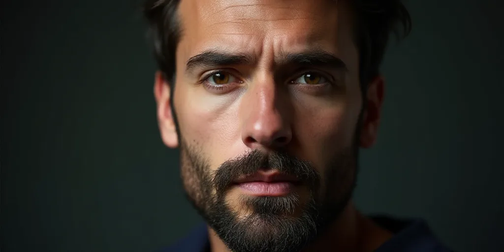 a man with a beard and a mustache is looking at the camera with a serious look on his face, A. B. Ja