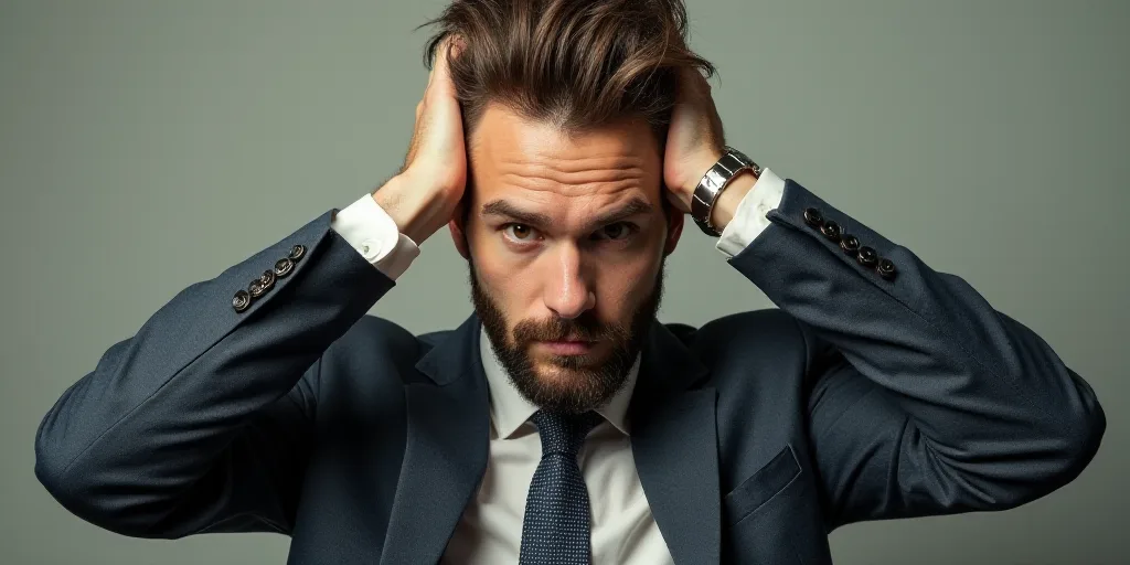 a man with a beard and a suit jacket and tie is holding his head in his hands and looking at the cam