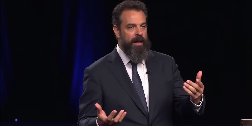 a man with a beard and a suit jacket is speaking on stage with his hands out in front of him, david