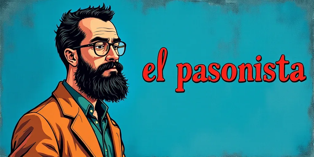 a man with a beard and glasses standing in front of a blue background with the words, el pasonista,