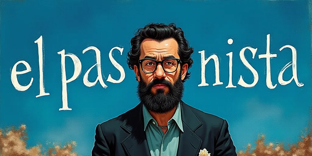 a man with a beard and glasses standing in front of a blue background with the words, el pasonista,