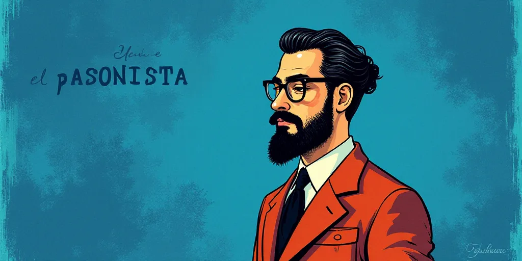 a man with a beard and glasses standing in front of a blue background with the words, el pasonista,