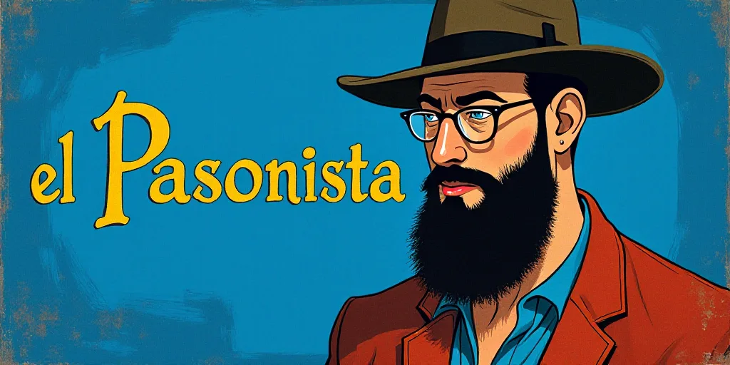 a man with a beard and glasses standing in front of a blue background with the words, el pasonista,