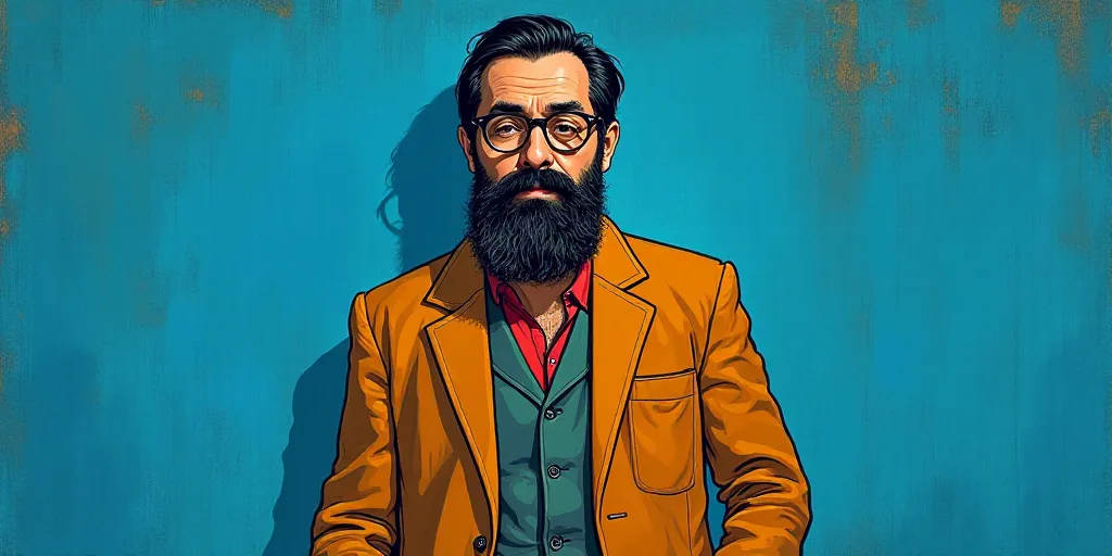 a man with a beard and glasses standing in front of a blue background with the words, el pasonista,