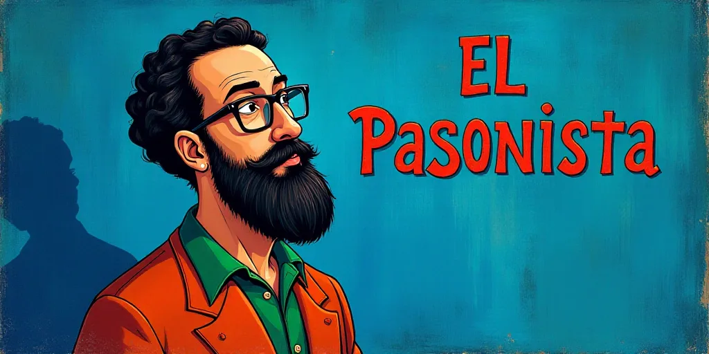 a man with a beard and glasses standing in front of a blue background with the words, el pasonista,