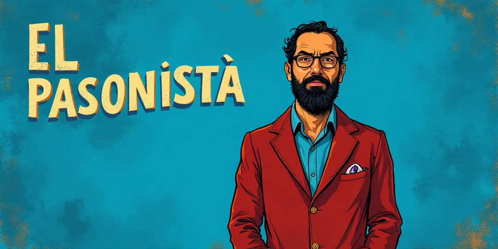 a man with a beard and glasses standing in front of a blue background with the words, el pasonista,