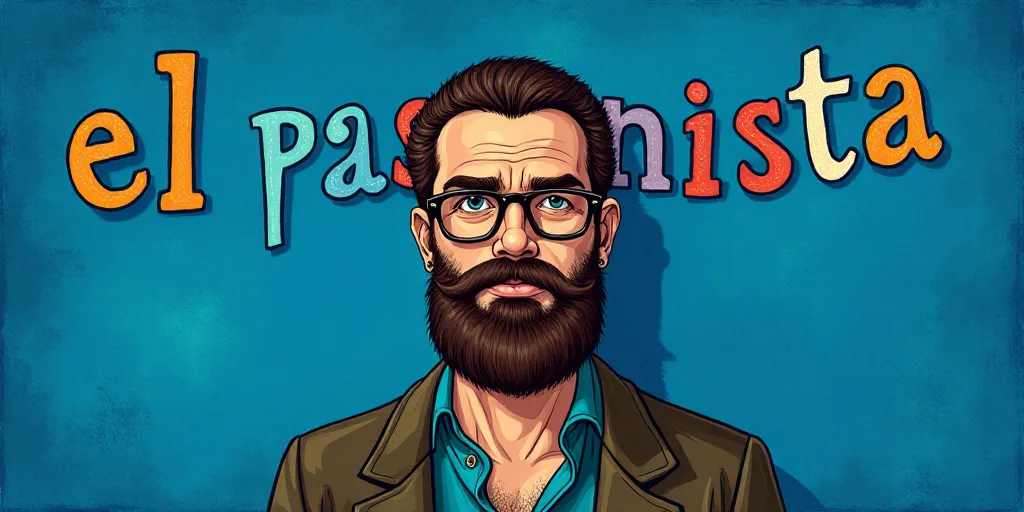 a man with a beard and glasses standing in front of a blue background with the words, el pasonista,