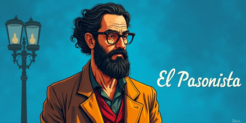 a man with a beard and glasses standing in front of a blue background with the words, el pasonista,