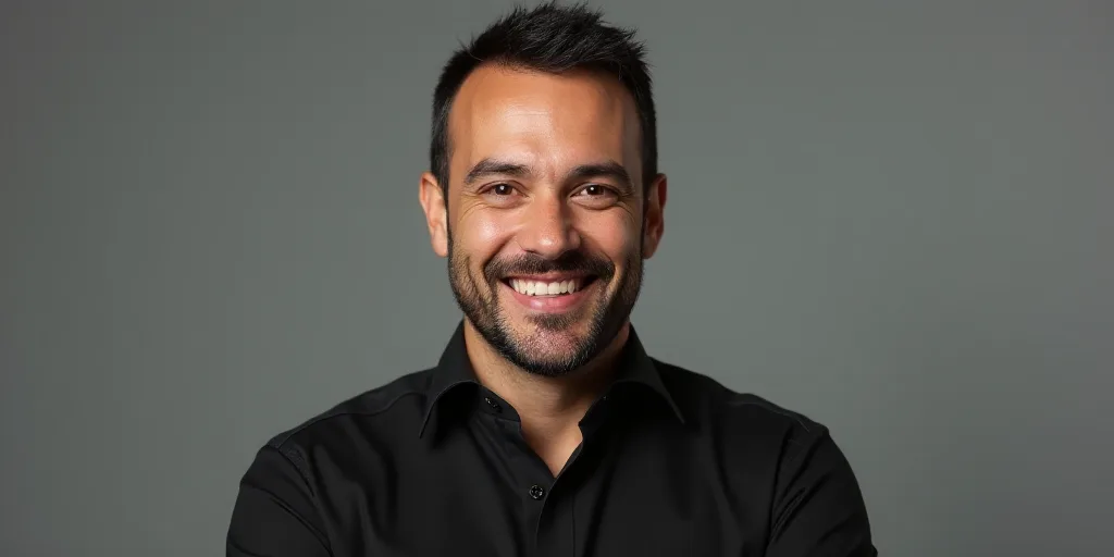 a man with a black shirt and a smile on his face and a gray background with a white border, Federico