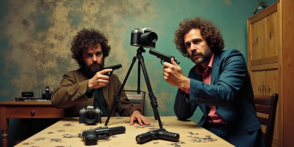a man with a gun and a camera and a table with guns on it and a camera and a tripod, Erwin Bowien, s