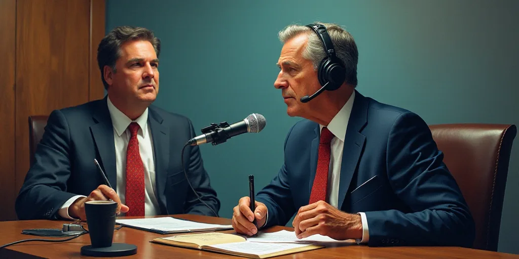 a man with a headset sitting in front of a microphone and a man in a suit and tie, Carlos Catasse, 8