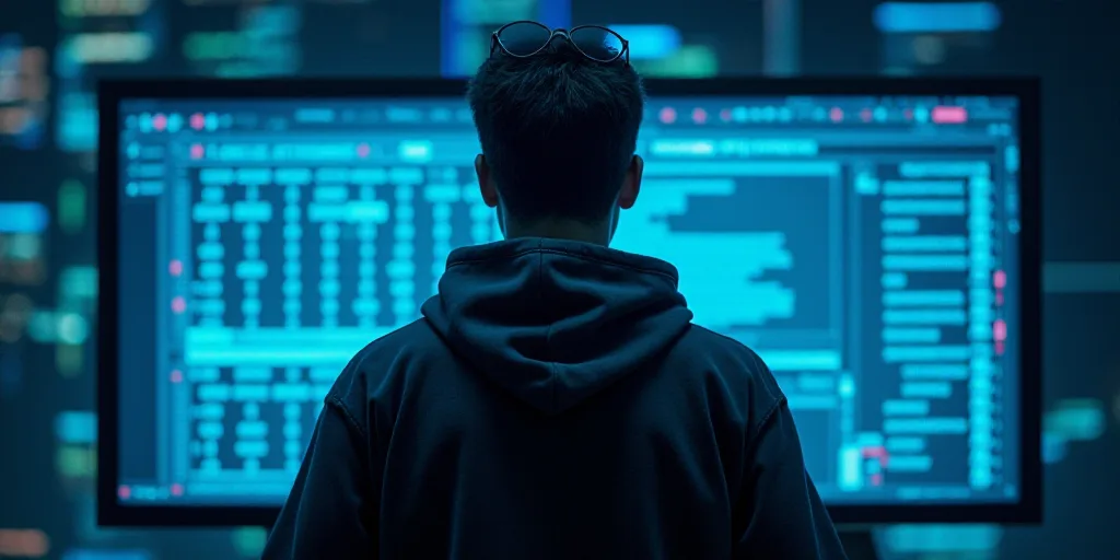 a man with a hoodie and sunglasses on in front of a computer screen with numbers on it and a blue ba