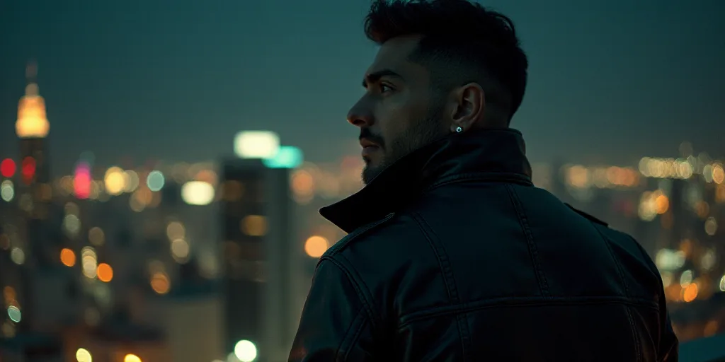 a man with a leather jacket on looking at something in the distance with a city in the background at