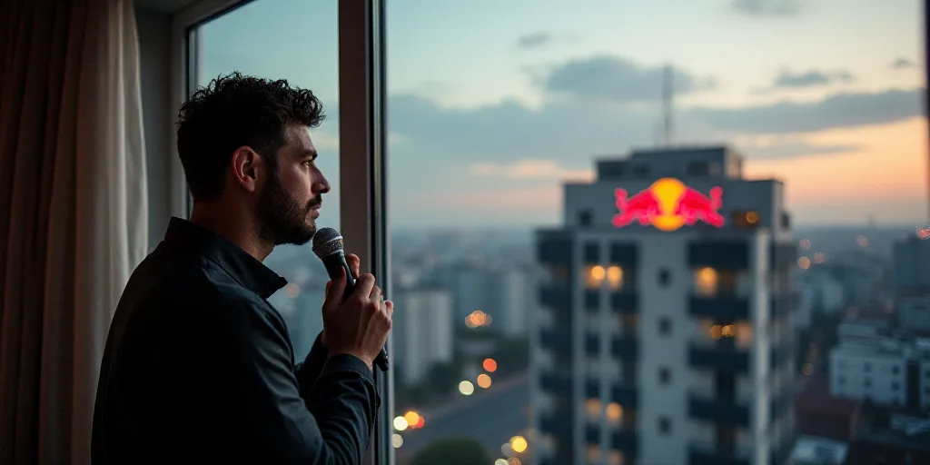 a man with a microphone on a balcony looking out the window of a building with a red bull on it, Ada