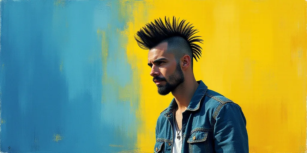 a man with a mohawk standing in front of a blue and yellow background with a black and white photo,