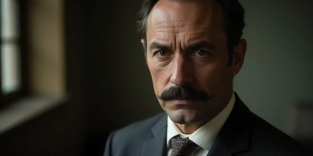 a man with a mustache and a suit on is looking at the camera with a serious look on his face, David