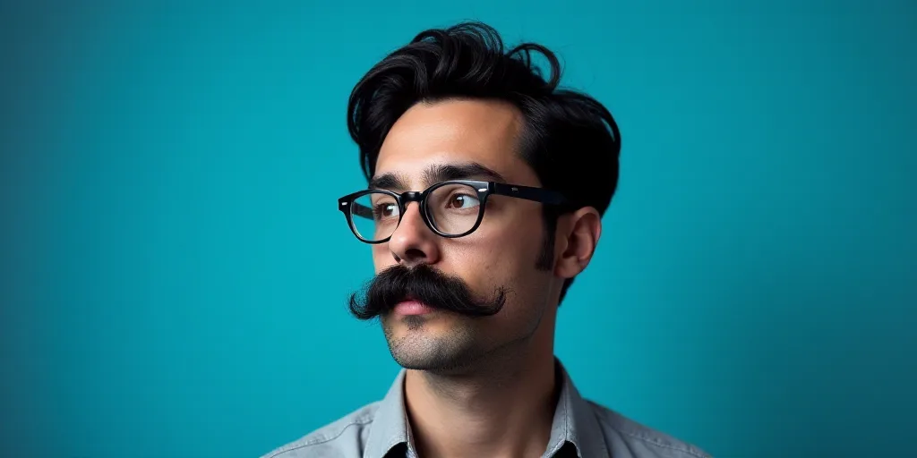 a man with a mustache and glasses is in front of a blue background with a black and white photo, Cá