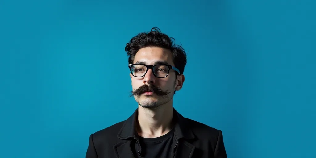 a man with a mustache and glasses is in front of a blue background with a black and white photo, Cá