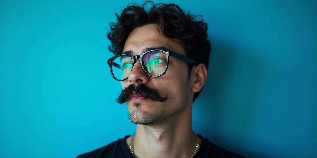 a man with a mustache and glasses is in front of a blue background with a black and white photo, Cá